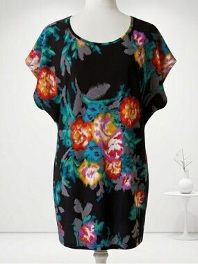Orion London| Gorgeous Multicolour Abstract Silky Black Tunic Mini Dress Sz XS/S